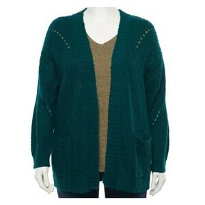 Evri Teal Chunky Knit Sweater Cardigan Womens 1x Open Front Pockets Boyfriend